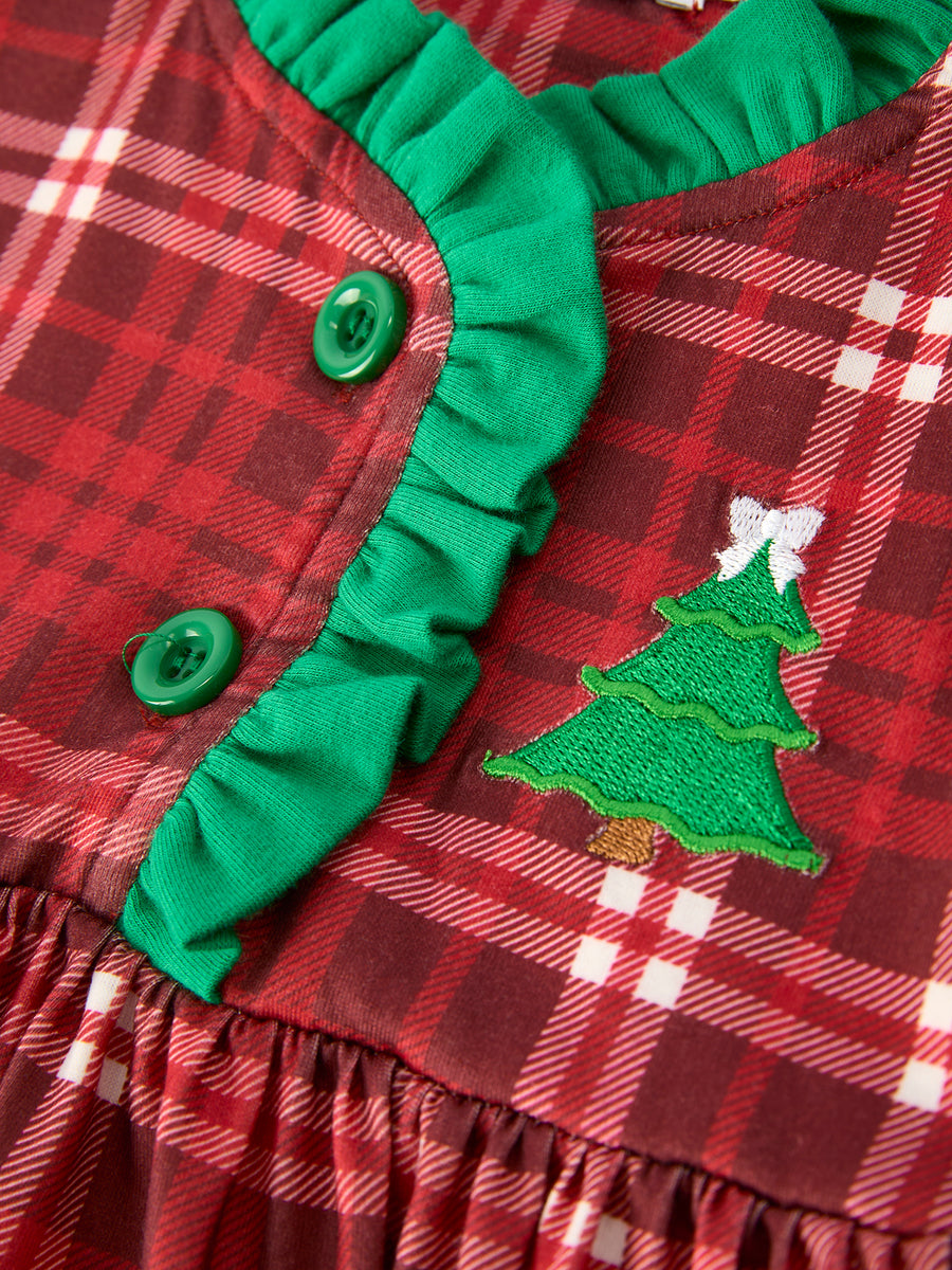 Girls Christmas Plaid Dress with tree Applique and Ruffle Details