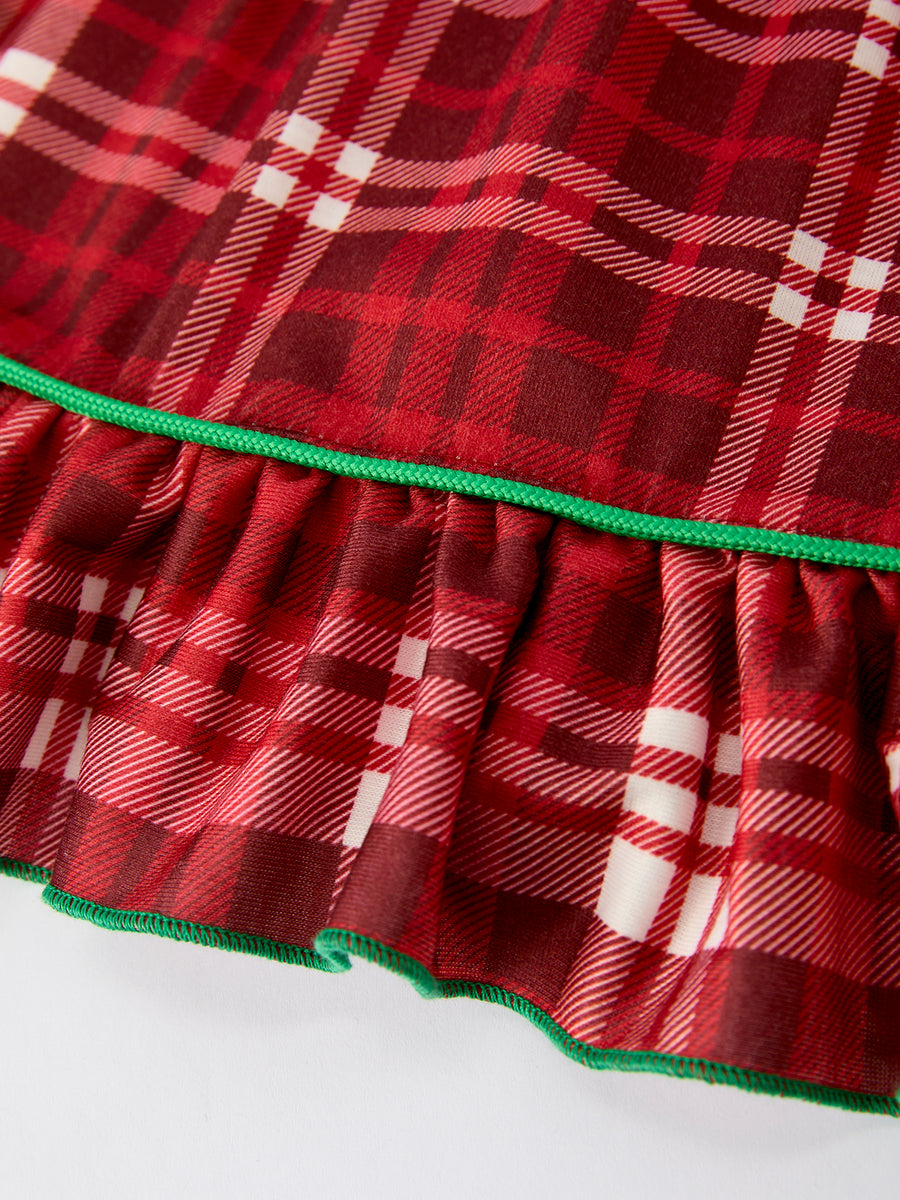 Girls Christmas Plaid Dress with tree Applique and Ruffle Details