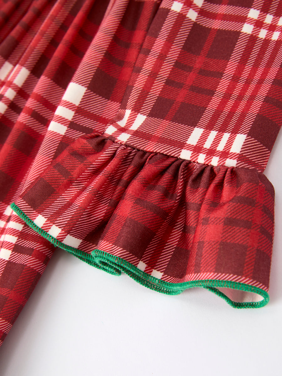 Girls Christmas Plaid Dress with tree Applique and Ruffle Details