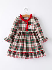 Girls Christmas Plaid Dress with Santa Applique and Ruffle Details