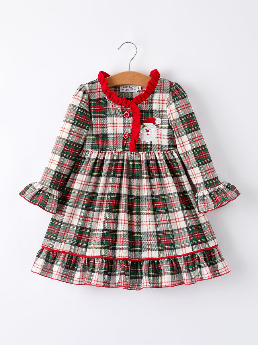 Girls Christmas Plaid Dress with Santa Applique and Ruffle Details
