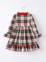 Girls Christmas Plaid Dress with Santa Applique and Ruffle Details
