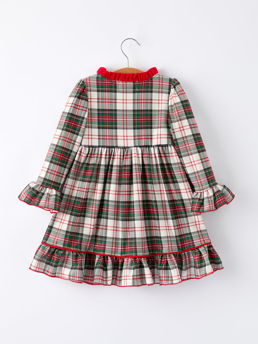 Girls Christmas Plaid Dress with Santa Applique and Ruffle Details