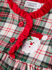 Girls Christmas Plaid Dress with Santa Applique and Ruffle Details