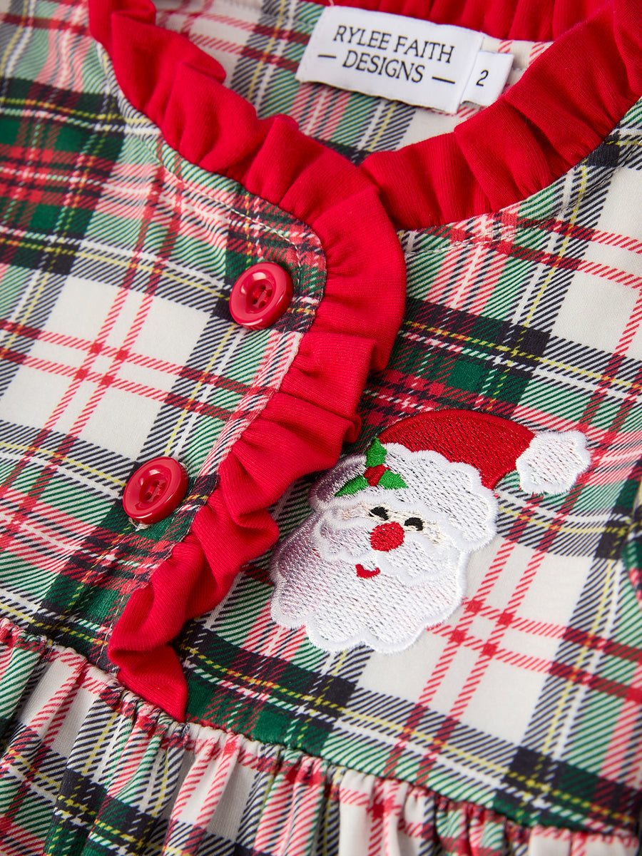 Girls Christmas Plaid Dress with Santa Applique and Ruffle Details