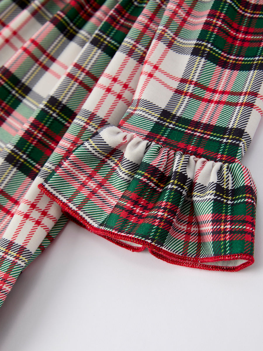 Girls Christmas Plaid Dress with Santa Applique and Ruffle Details