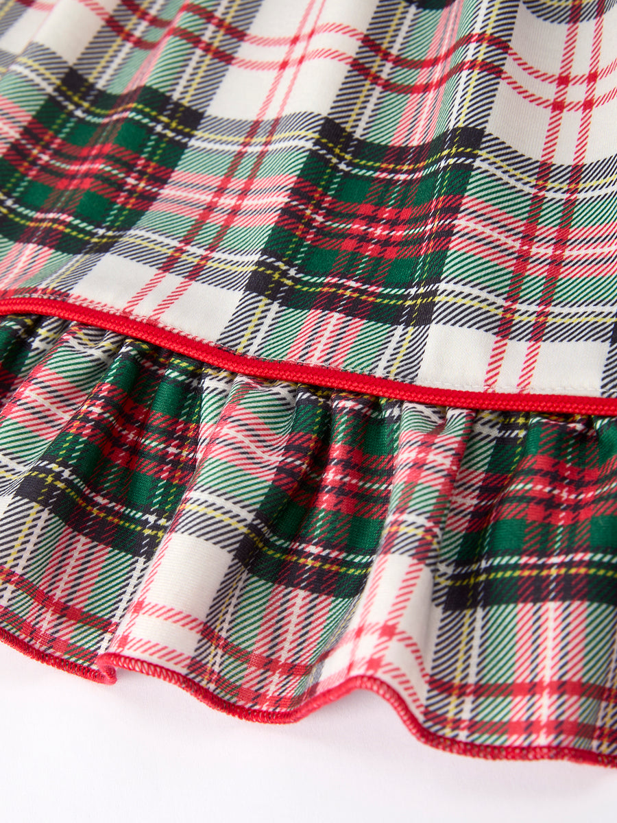 Girls Christmas Plaid Dress with Santa Applique and Ruffle Details