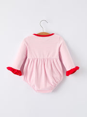 Christmas Candy Cane Embroidery Striped Baby Girl Romper with Pocket Ruffles