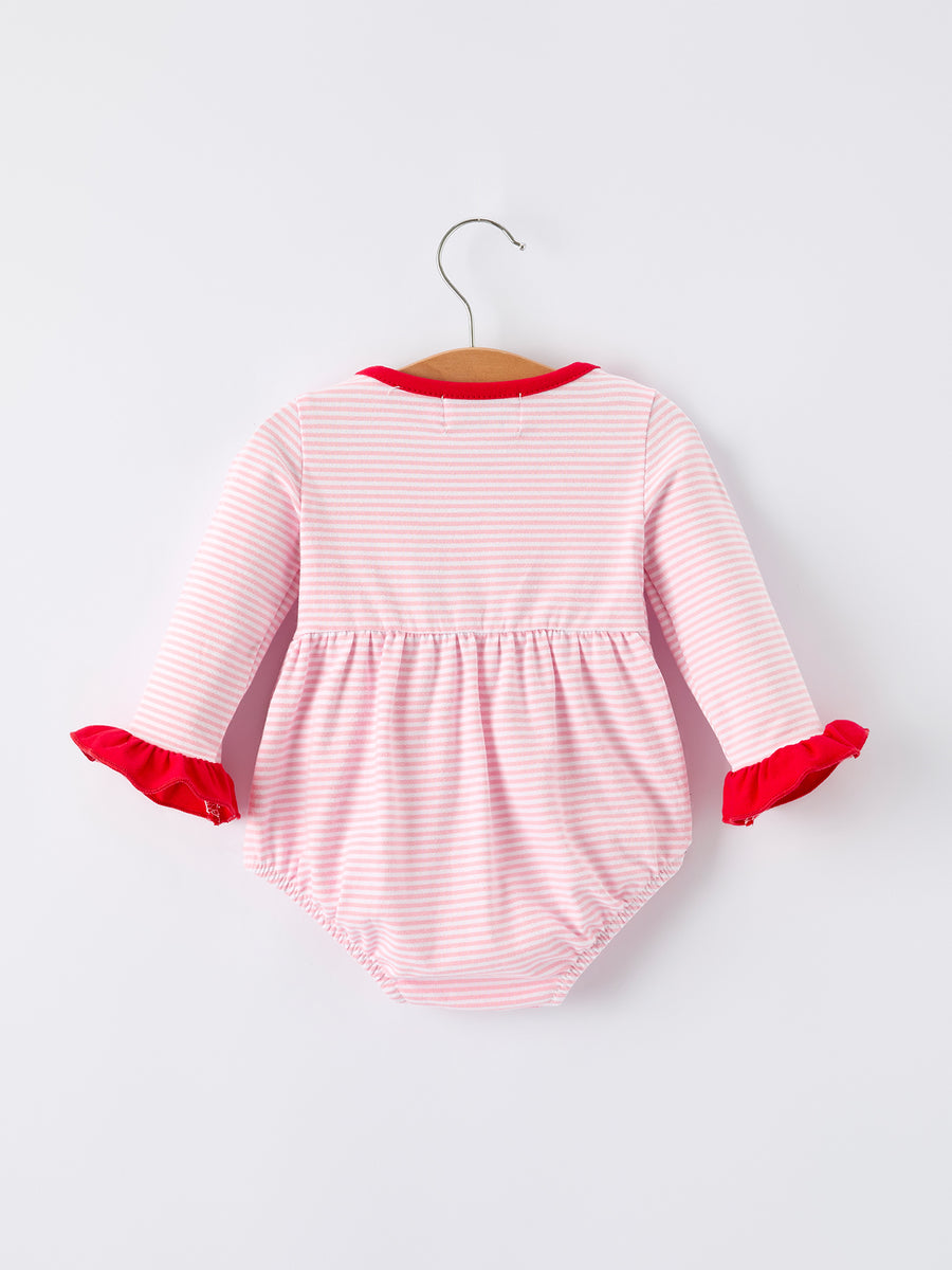Christmas Candy Cane Embroidery Striped Baby Girl Romper with Pocket Ruffles