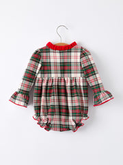 Baby Girls Christmas Plaid Romper with Santa Applique and Ruffle Details