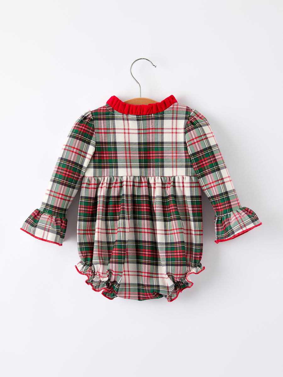 Baby Girls Christmas Plaid Romper with Santa Applique and Ruffle Details