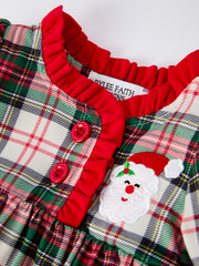 Baby Girls Christmas Plaid Romper with Santa Applique and Ruffle Details