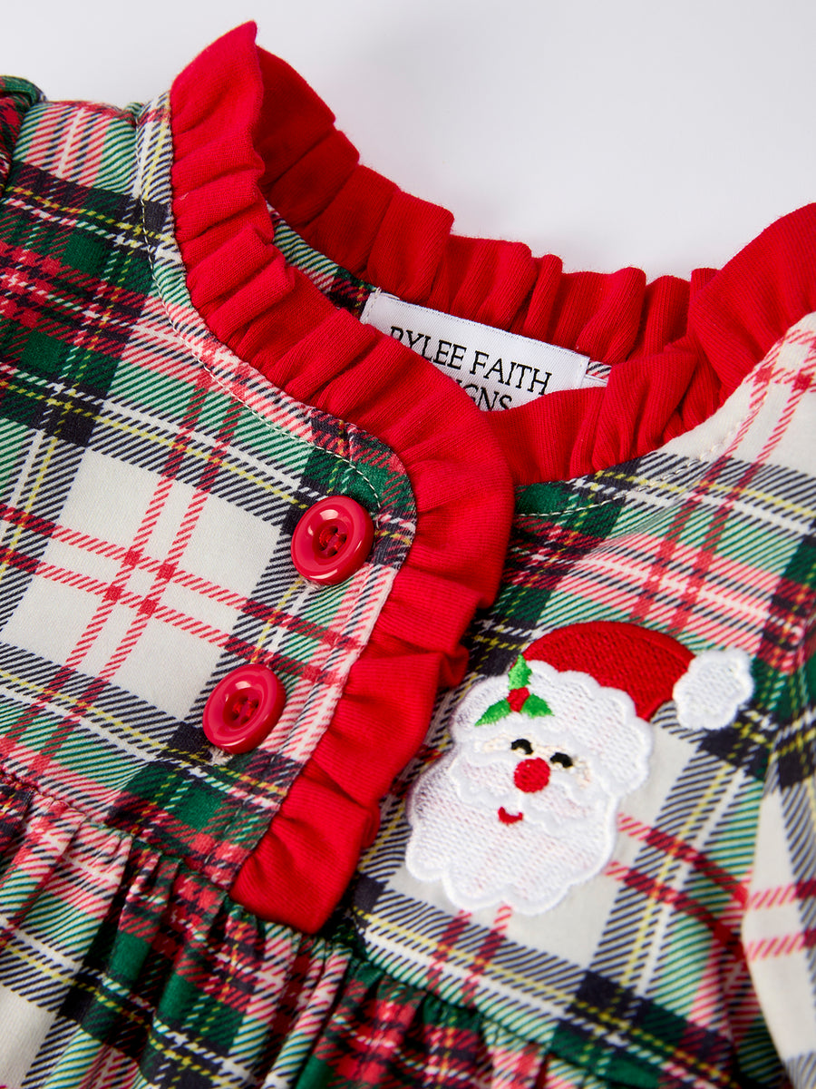 Baby Girls Christmas Plaid Romper with Santa Applique and Ruffle Details