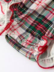 Baby Girls Christmas Plaid Romper with Santa Applique and Ruffle Details