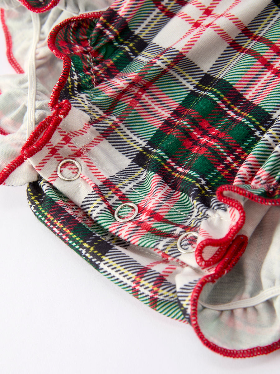 Baby Girls Christmas Plaid Romper with Santa Applique and Ruffle Details