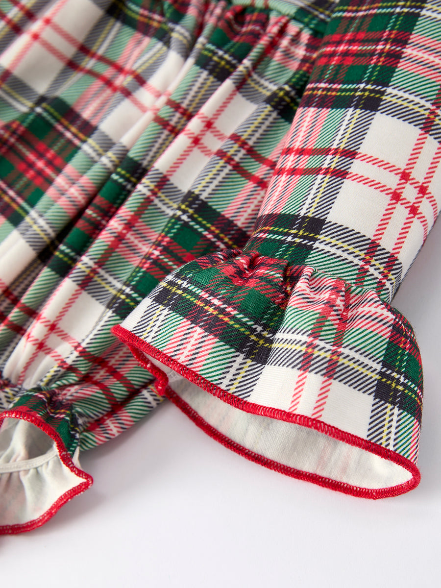 Baby Girls Christmas Plaid Romper with Santa Applique and Ruffle Details