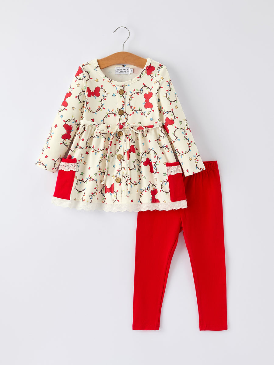 Christmas Lights Print Baby Girl Outfit Set with Lace pocket