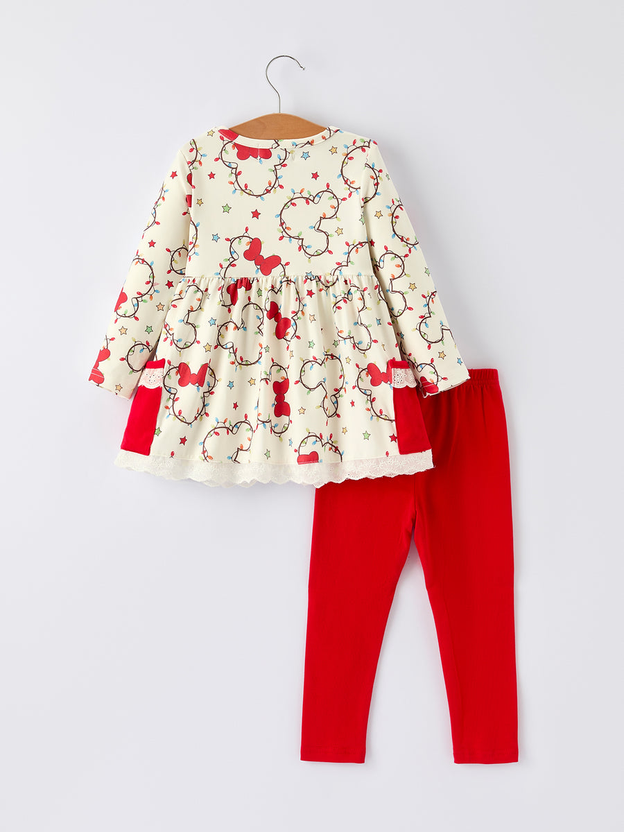Christmas Lights Print Baby Girl Outfit Set with Lace pocket