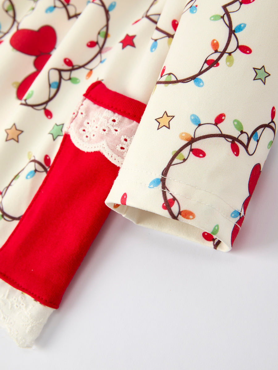 Christmas Lights Print Baby Girl Outfit Set with Lace pocket