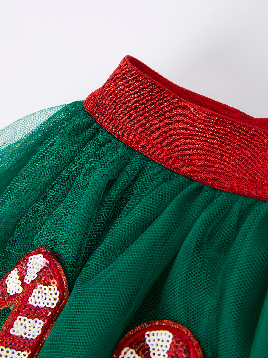 Christmas Candy Cane Sequin Applique Green Tulle Skirt