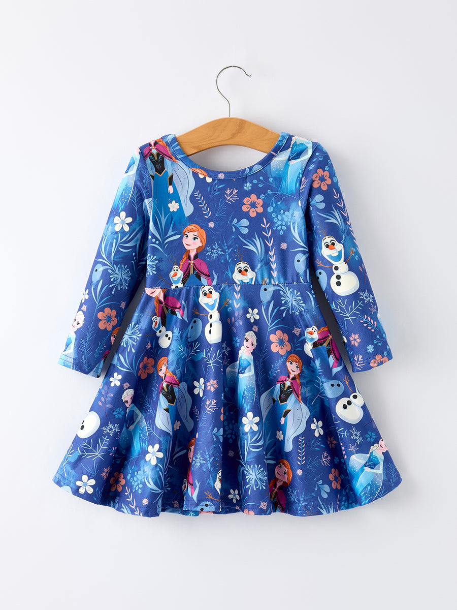 Blue Christmas Character Print Long Sleeve Girls Dress