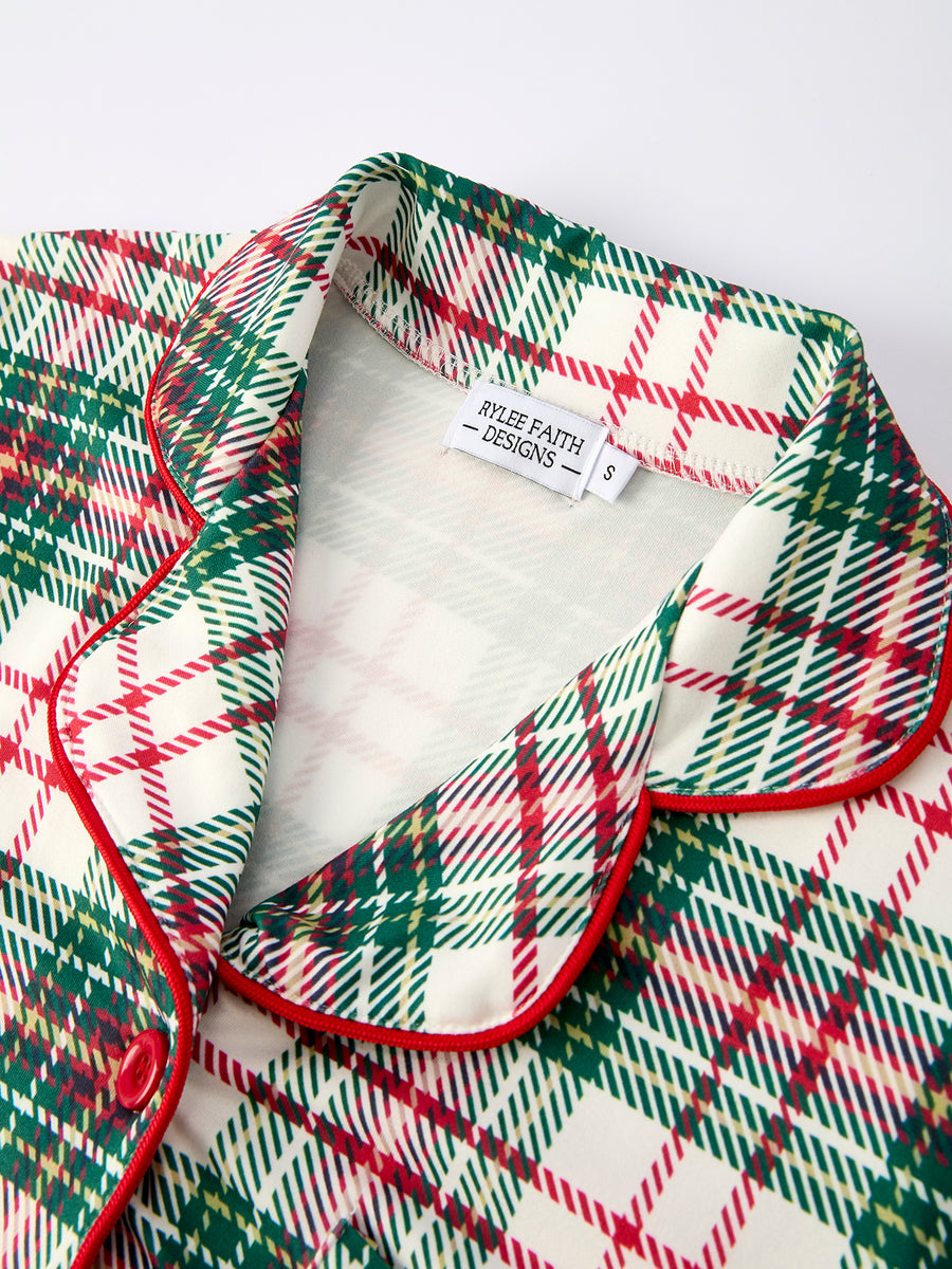 Mommy & Me Christmas Plaid Girls Pajamas Set with Long Sleeves and Red Cuffs