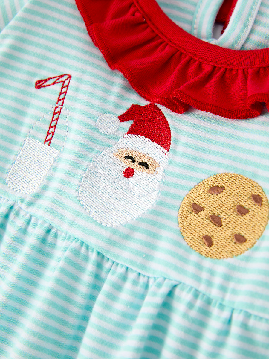 Christmas Santa Candy Cane Cookie Embroidery Baby Girls Striped Romper