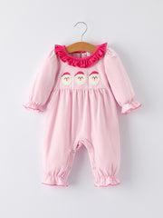 Christmas Santa Applique Striped Baby Girls Romper with Red Ruffle Trim