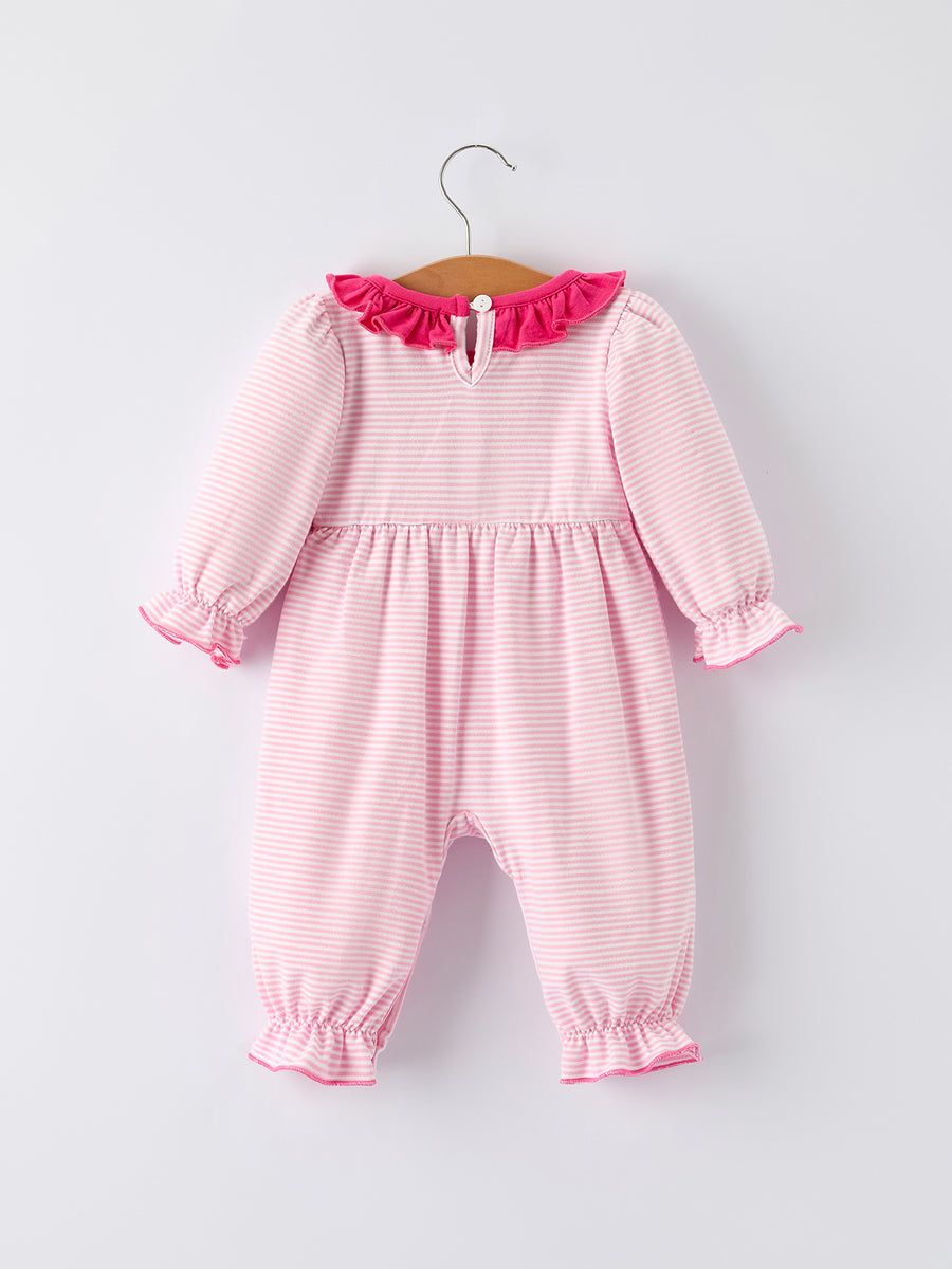 Christmas Santa Applique Striped Baby Girls Romper with Red Ruffle Trim