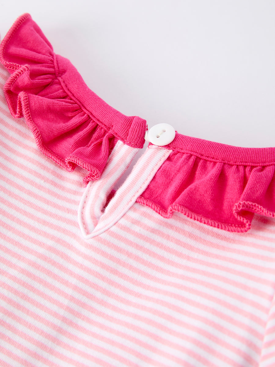 Christmas Santa Applique Striped Baby Girls Romper with Red Ruffle Trim