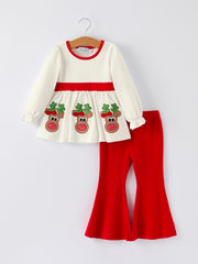 Christmas Toddler Girls Reindeer Applique Long Sleeve Top and Flared Pants Set