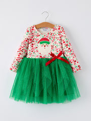 Christmas Santa Applique Floral Long Sleeve Ruffle with Bow Ties Girls Dress