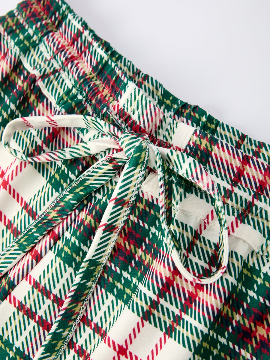 Mommy & Me Christmas Plaid Girls Pajamas Set with Long Sleeves and Red Cuffs