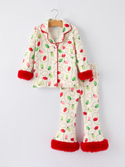 Christmas Lights Print Pajamas Set with Red Furry Trim – Kids Long Sleeve Top and Pants