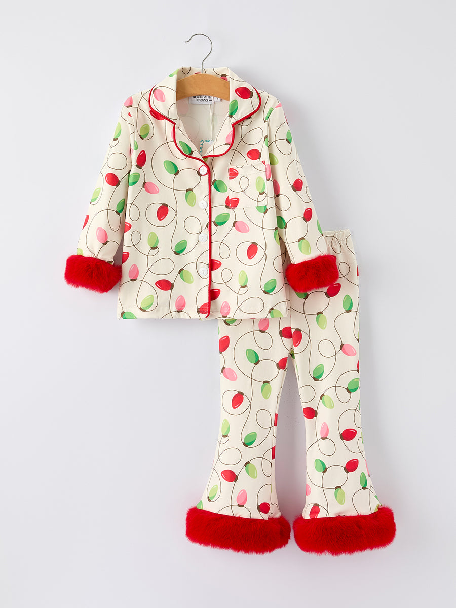 Christmas Lights Print Pajamas Set with Red Furry Trim – Kids Long Sleeve Top and Pants