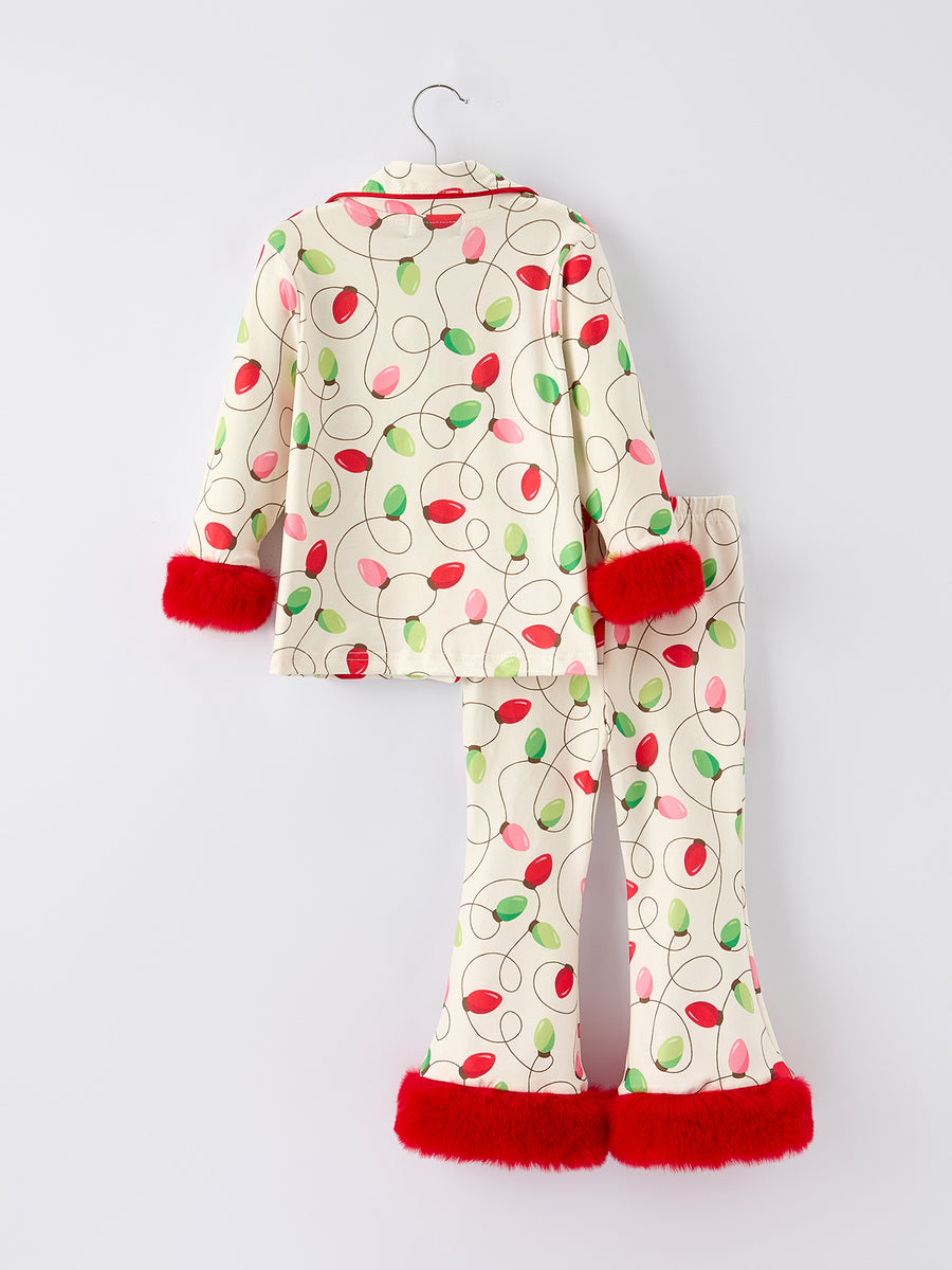 Christmas Lights Print Pajamas Set with Red Furry Trim – Kids Long Sleeve Top and Pants
