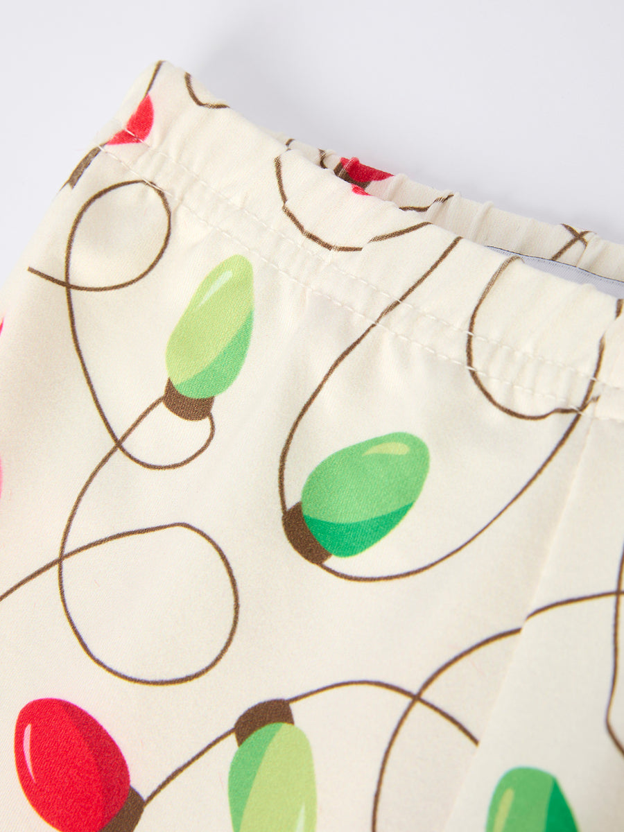 Christmas Lights Print Pajamas Set with Red Furry Trim – Kids Long Sleeve Top and Pants