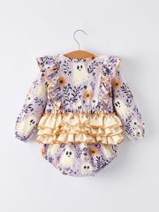 Purple Halloween Ghost Print Baby Girl Romper with Bow Ruffles