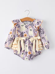 Purple Halloween Ghost Print Baby Girl Romper with Bow Ruffles