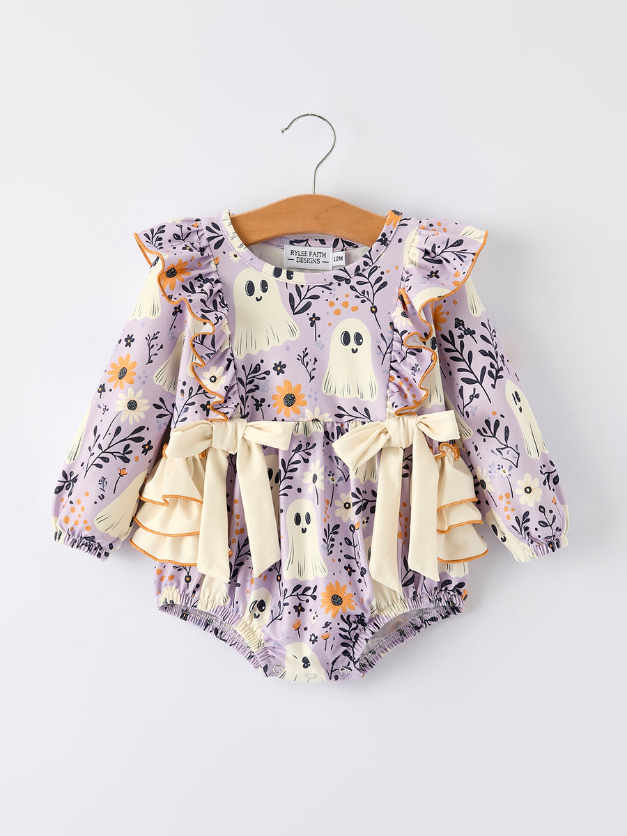 Purple Halloween Ghost Print Baby Girl Romper with Bow Ruffles