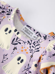 Purple Halloween Ghost Print Baby Girl Romper with Bow Ruffles