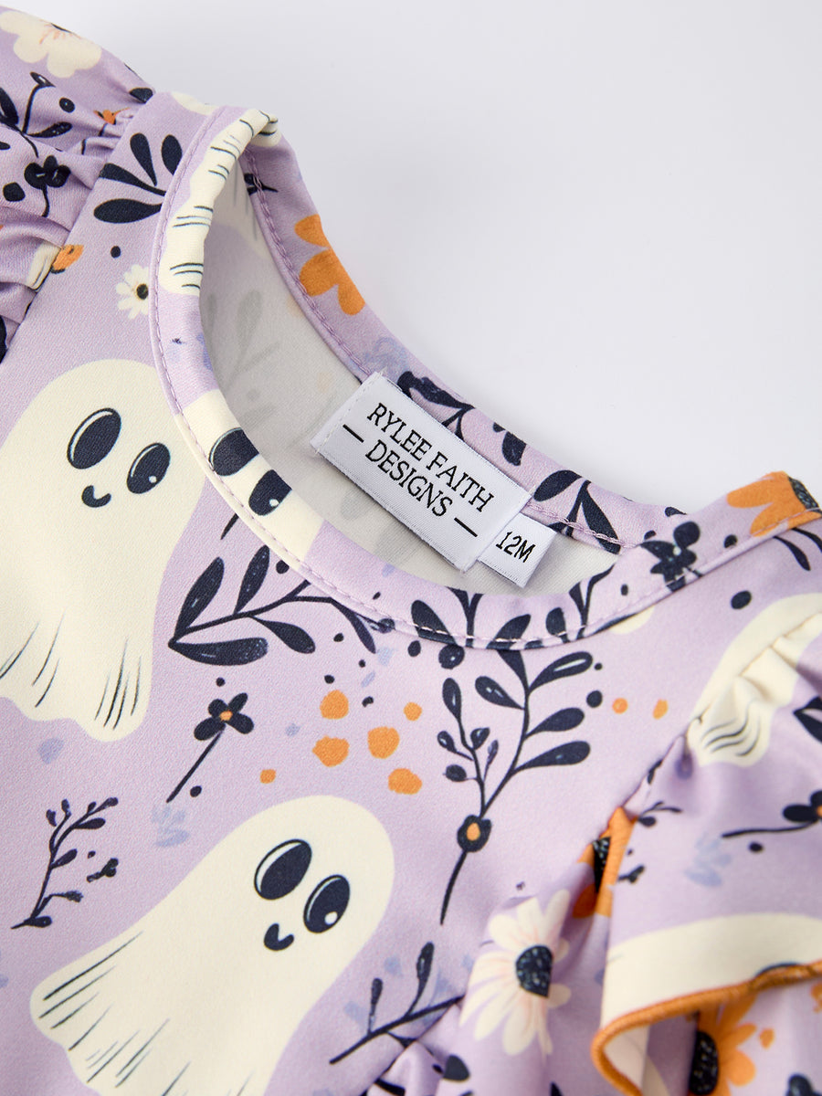 Purple Halloween Ghost Print Baby Girl Romper with Bow Ruffles