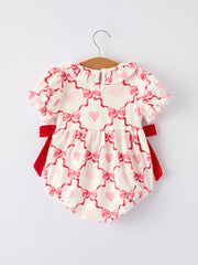 Girls Valentine Romper with Heart Embroidery and Bowknot Design