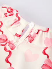 Girls Valentine Romper with Heart Embroidery and Bowknot Design