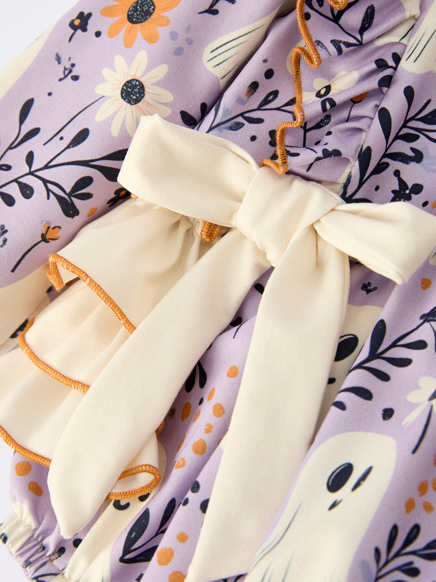 Purple Halloween Ghost Print Baby Girl Romper with Bow Ruffles