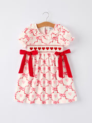 Girls Valentine Dress with Heart Embroidery and Bowknot Design