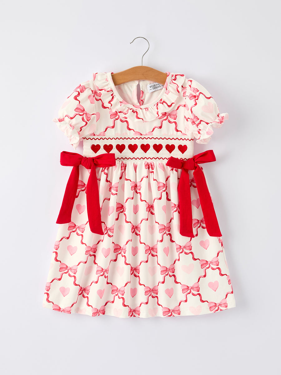 Girls Valentine Dress with Heart Embroidery and Bowknot Design