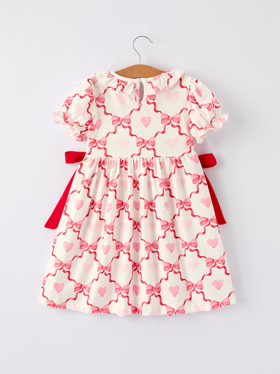 Girls Valentine Dress with Heart Embroidery and Bowknot Design