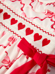 Girls Valentine Dress with Heart Embroidery and Bowknot Design