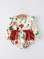 Holiday Print Christmas Baby Girl Romper with Bow Ruffles
